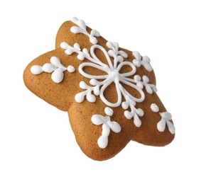 Photo of Tasty star shaped Christmas cookie with icing isolated on white