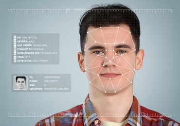 Image of Facial recognition system. Man with personal data and digital biometric grid on grey background
