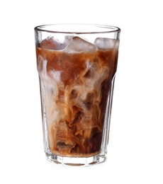 Photo of Glass with cold brew coffee and milk on white background