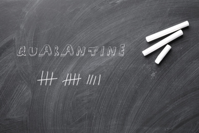 Image of Pieces of white chalk on blackboard, flat lay. Counting days of quarantine during coronavirus outbreak 