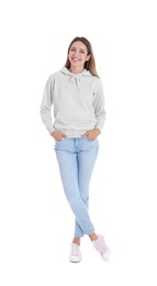 Photo of Full length portrait of woman in hoodie sweater on white background. Space for design