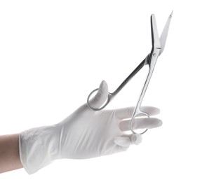 Photo of Doctor holding surgical scissors on white background, closeup. Medical instrument