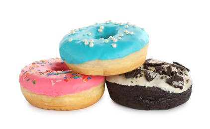 Photo of Sweet tasty glazed donuts on white background