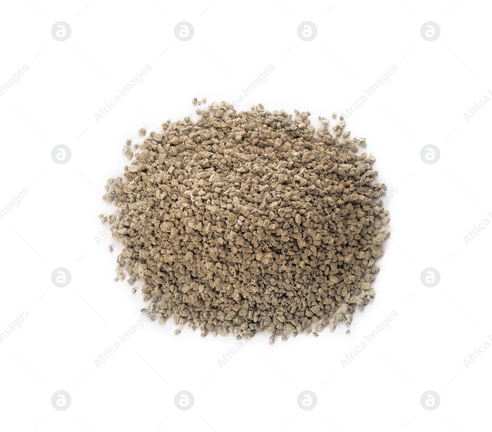 Photo of Pile of clay cat litter isolated on white, top view