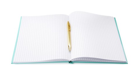 Photo of Open notebook with blank sheets and pen isolated on white