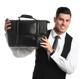 Photo of Businessman with stylish leather briefcase on white background