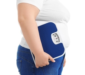 Photo of Overweight woman with scales on white background