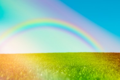 Picturesque view of green meadow and beautiful rainbow in blue sky on sunny day