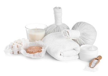 Photo of Beautiful composition with different spa products on white background
