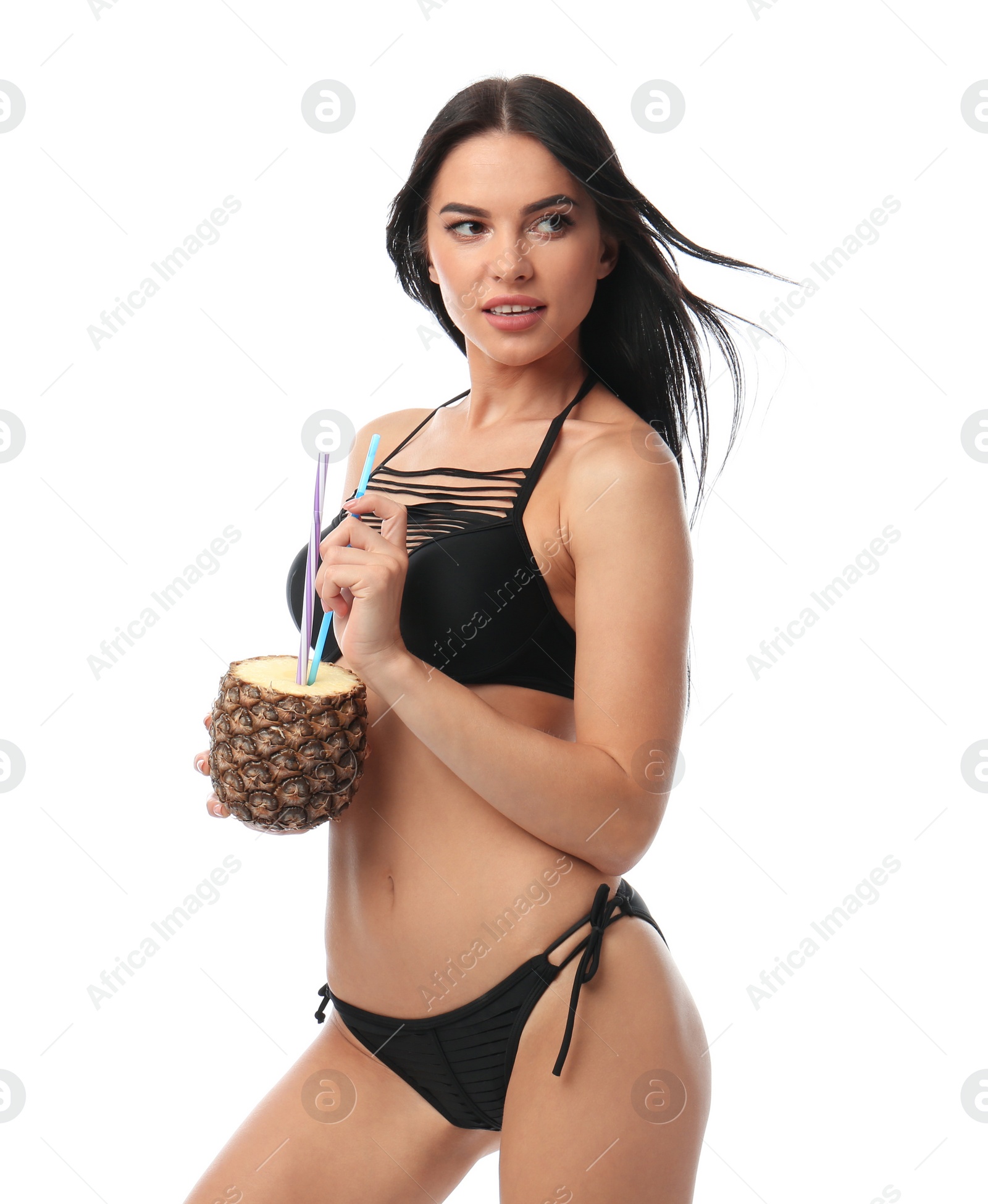 Photo of Beautiful young woman in black bikini with cocktail on white background