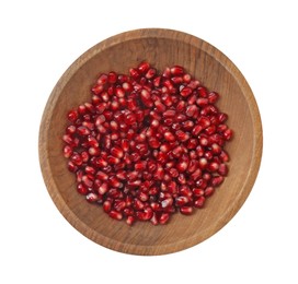 Ripe juicy pomegranate grains in bowl isolated on white, top view