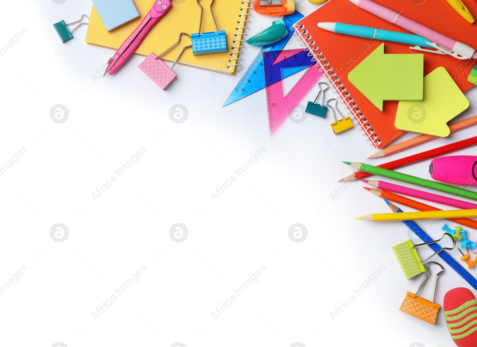 Photo of Composition with different school stationery on white background