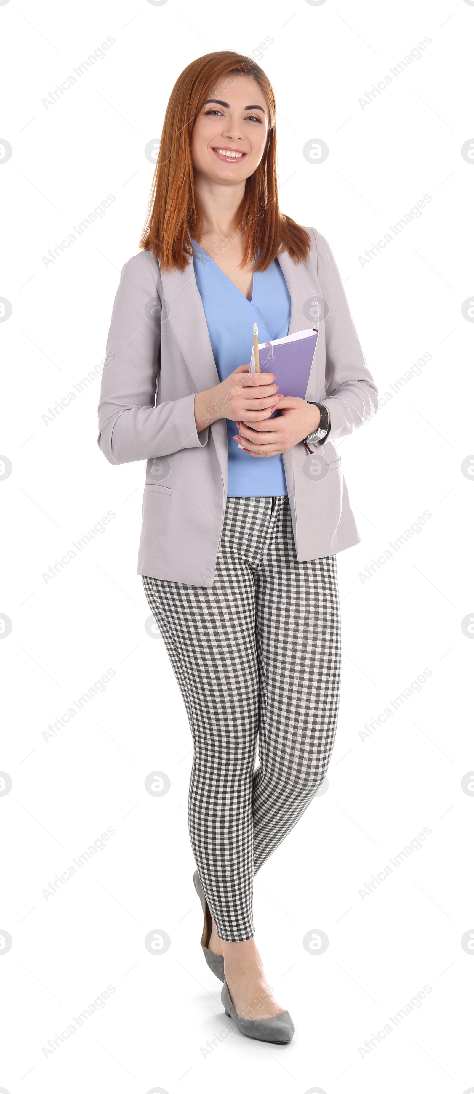 Photo of Beautiful young teacher with notebook on white background