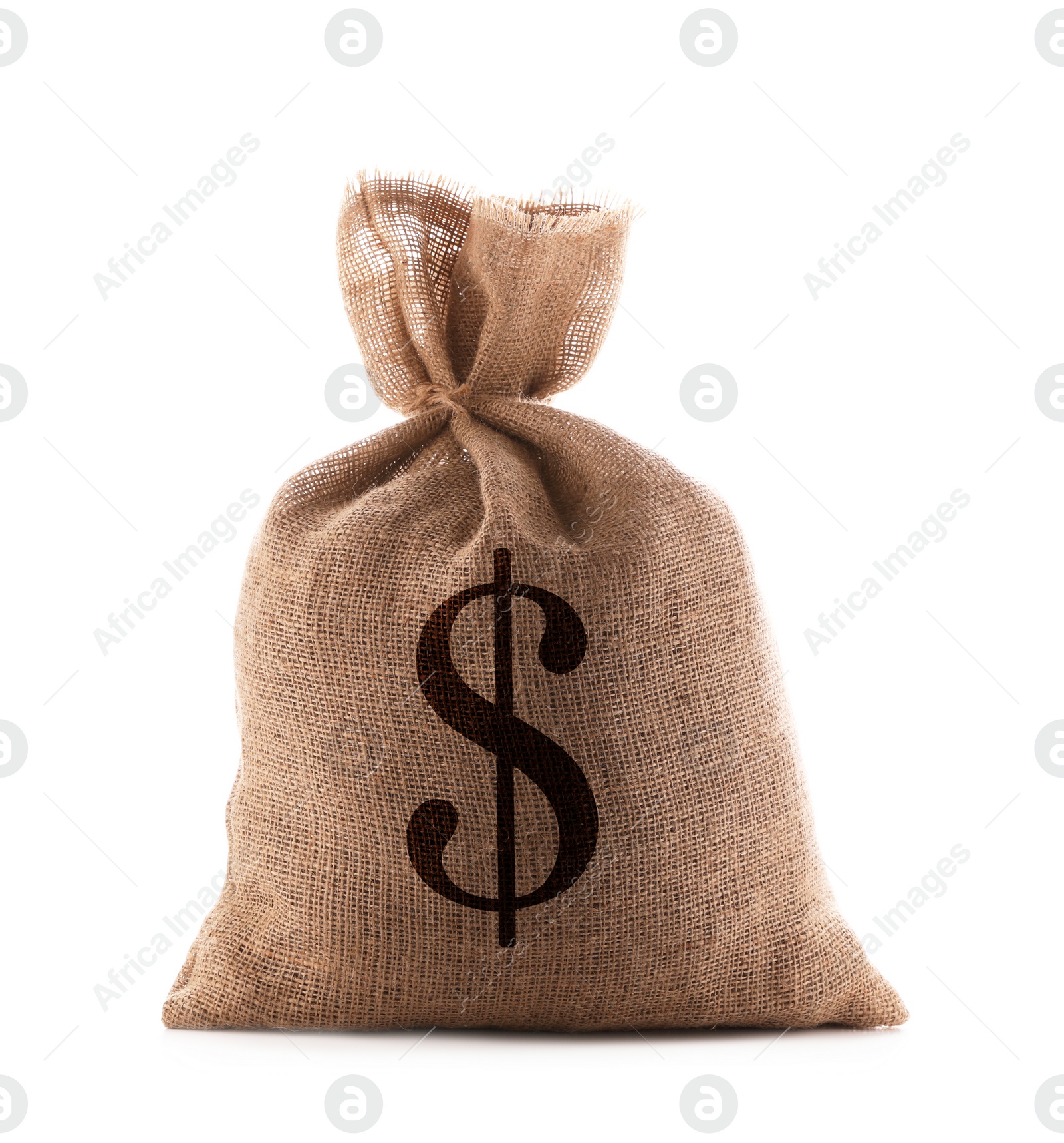 Image of Burlap bag with dollar sign on white background