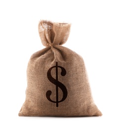 Image of Burlap bag with dollar sign on white background