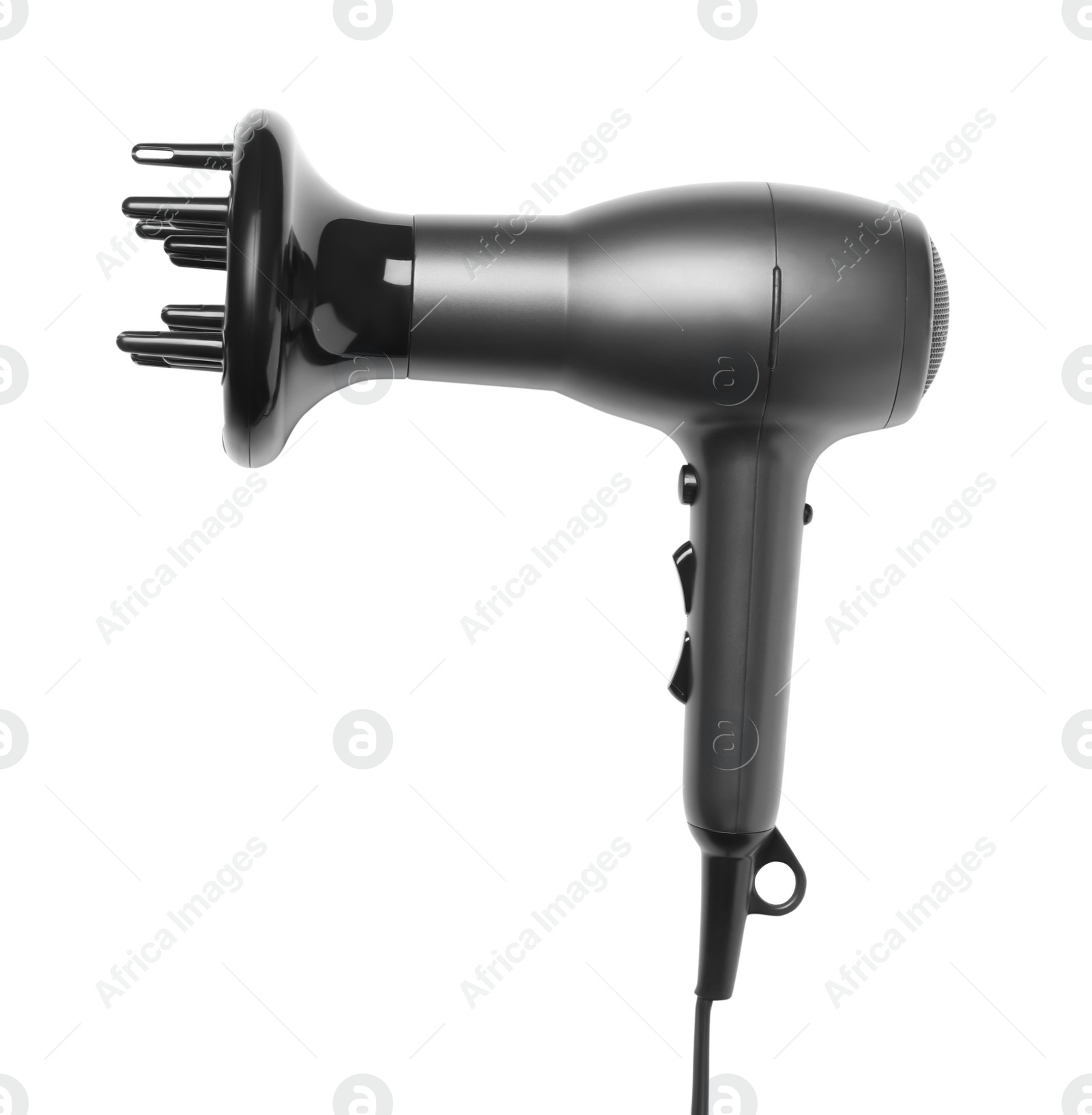 Photo of Modern hair dryer on white background, top view