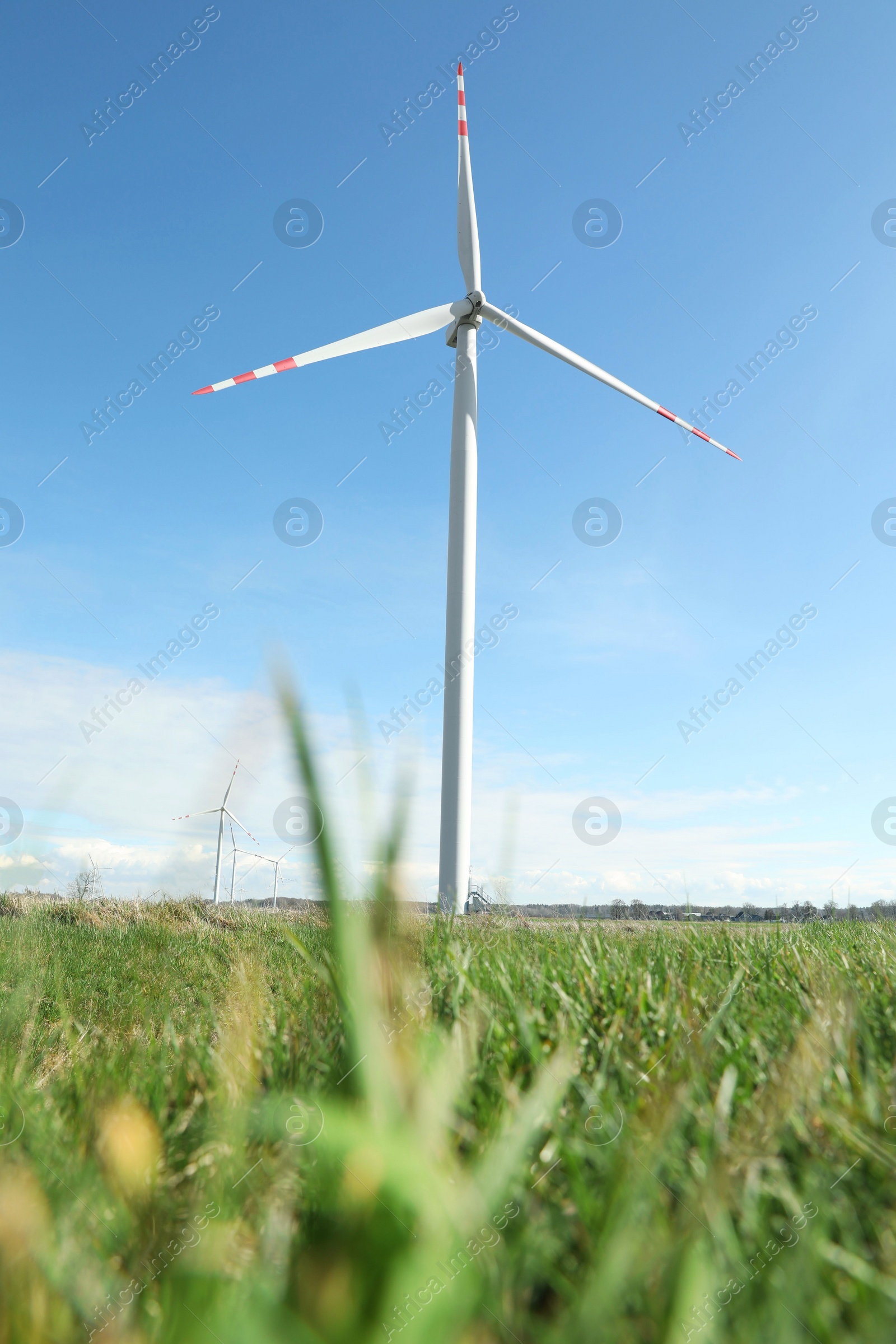 Photo of Modern wind turbines in field on sunny day. Alternative energy source