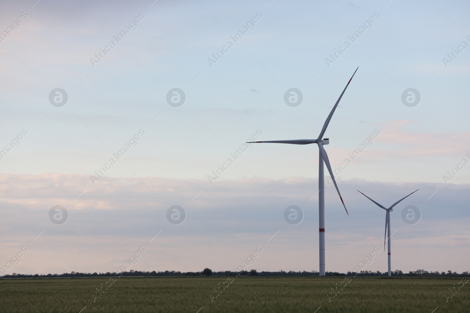 Photo of Beautiful view of field with wind turbines in evening. Alternative energy source