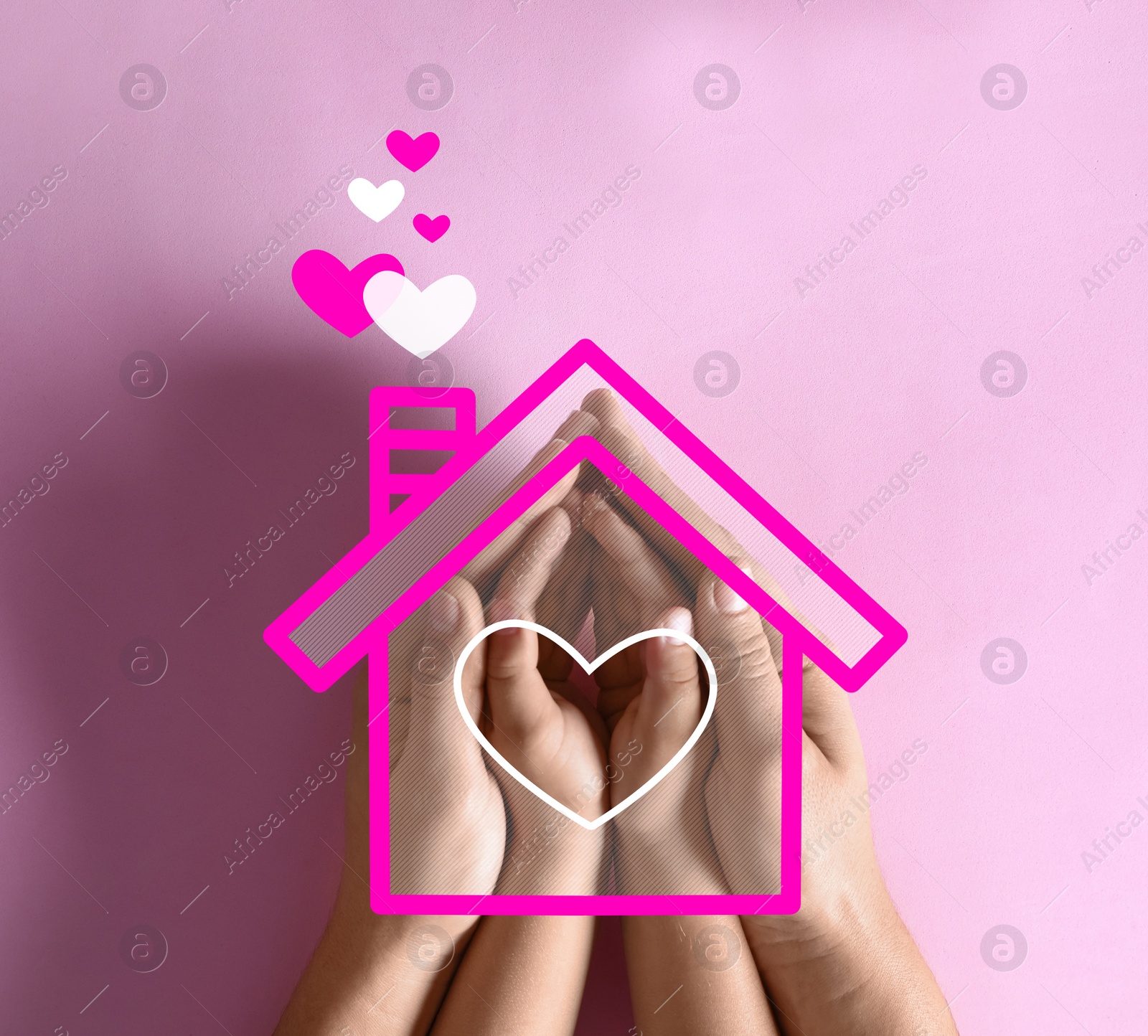 Image of Mother holding hands with child and illustration of house on pink background, top view. Adoption concept