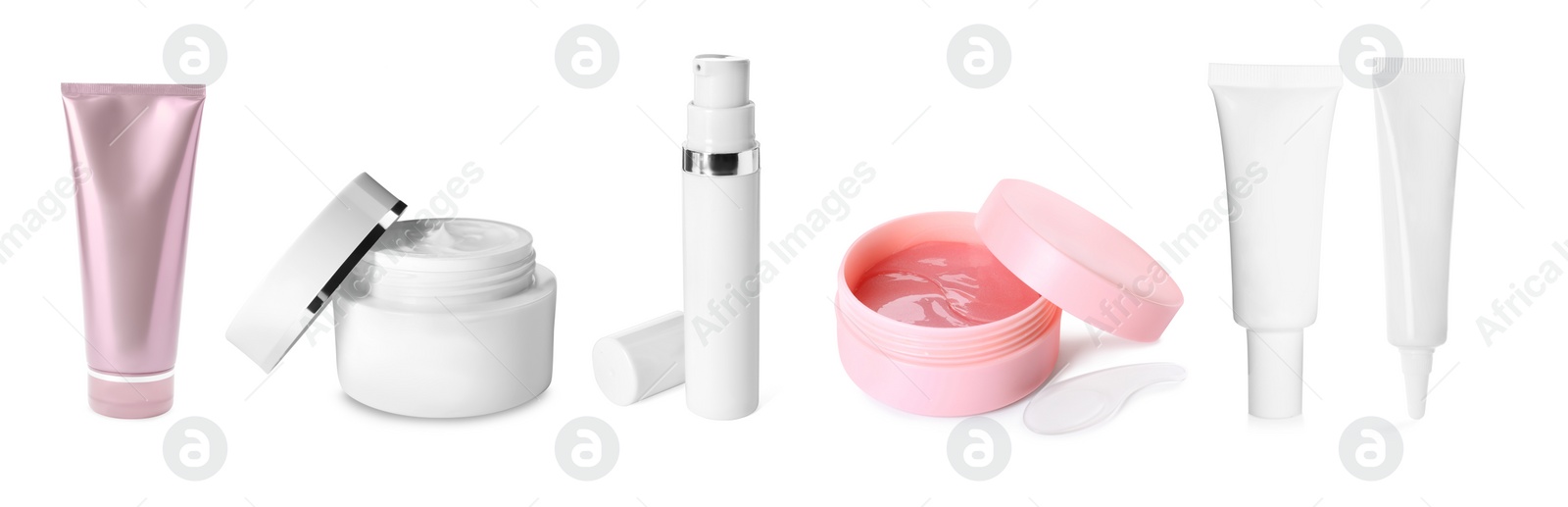 Image of Set with different cosmetic products on white background. Banner design