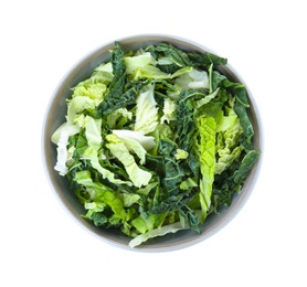 Photo of Shredded savoy cabbage in bowl isolated on white, top view