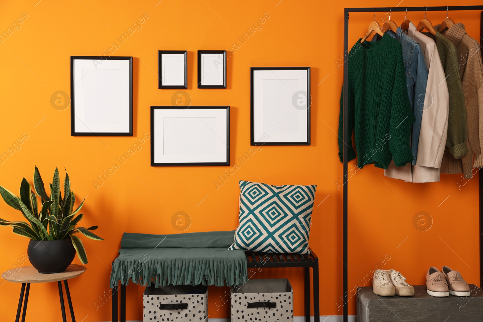 Photo of Empty frames hanging on orange wall in stylish room. Mockup for design