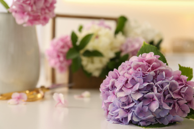 Photo of Closeup view of hydrangea flowers on white table, space for text. Interior design element