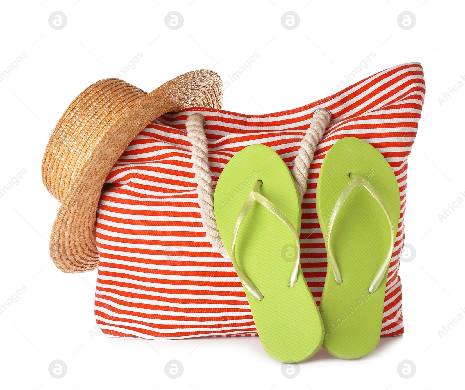 Photo of Composition with bag and beach accessories on white background