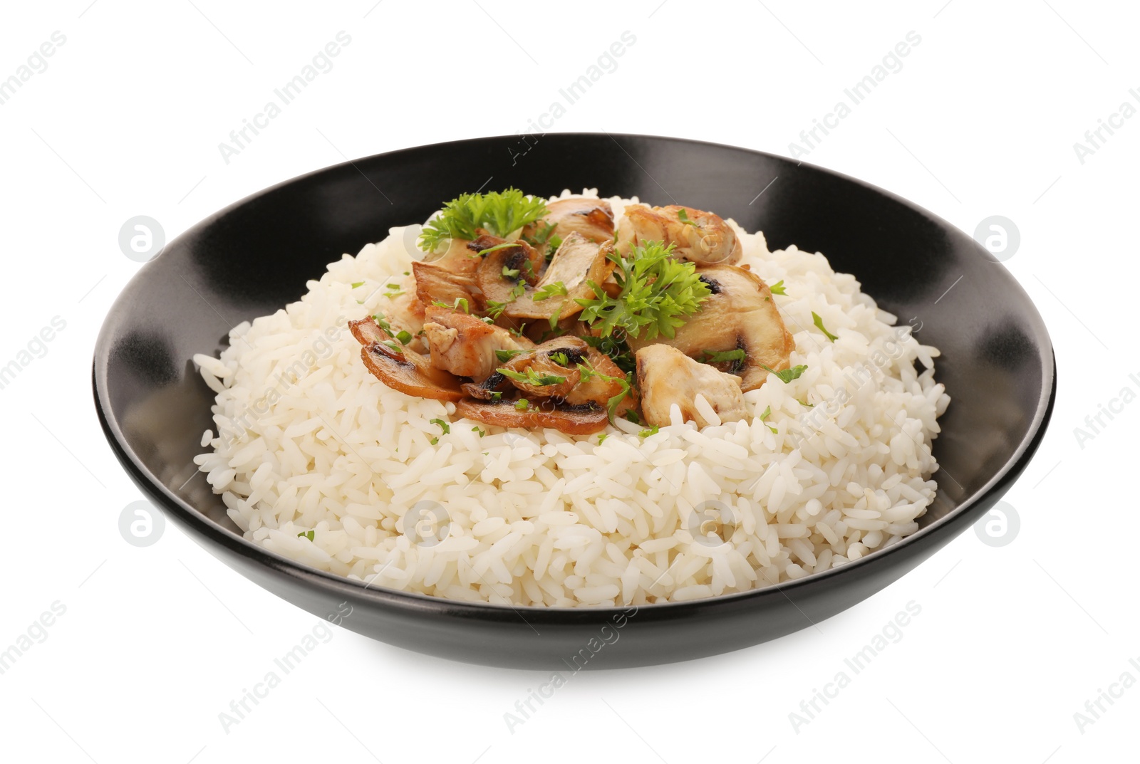 Photo of Delicious rice with parsley and mushrooms isolated on white