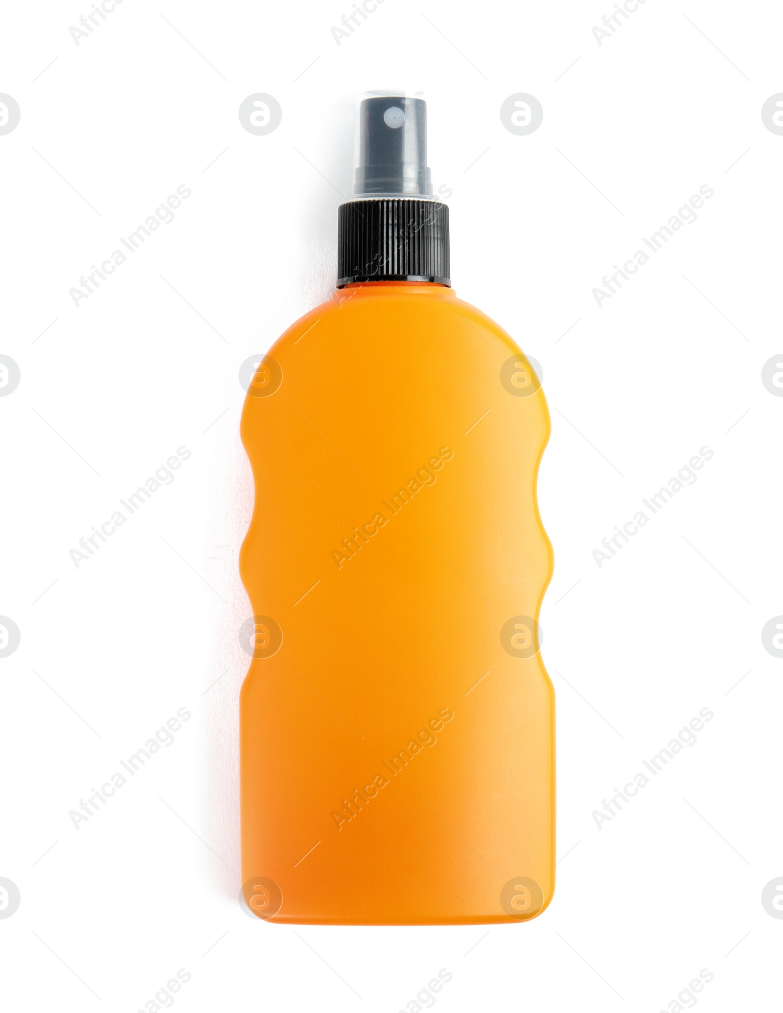 Photo of Bottle with sun protection body cream on white background