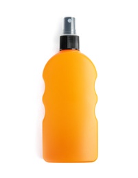 Photo of Bottle with sun protection body cream on white background