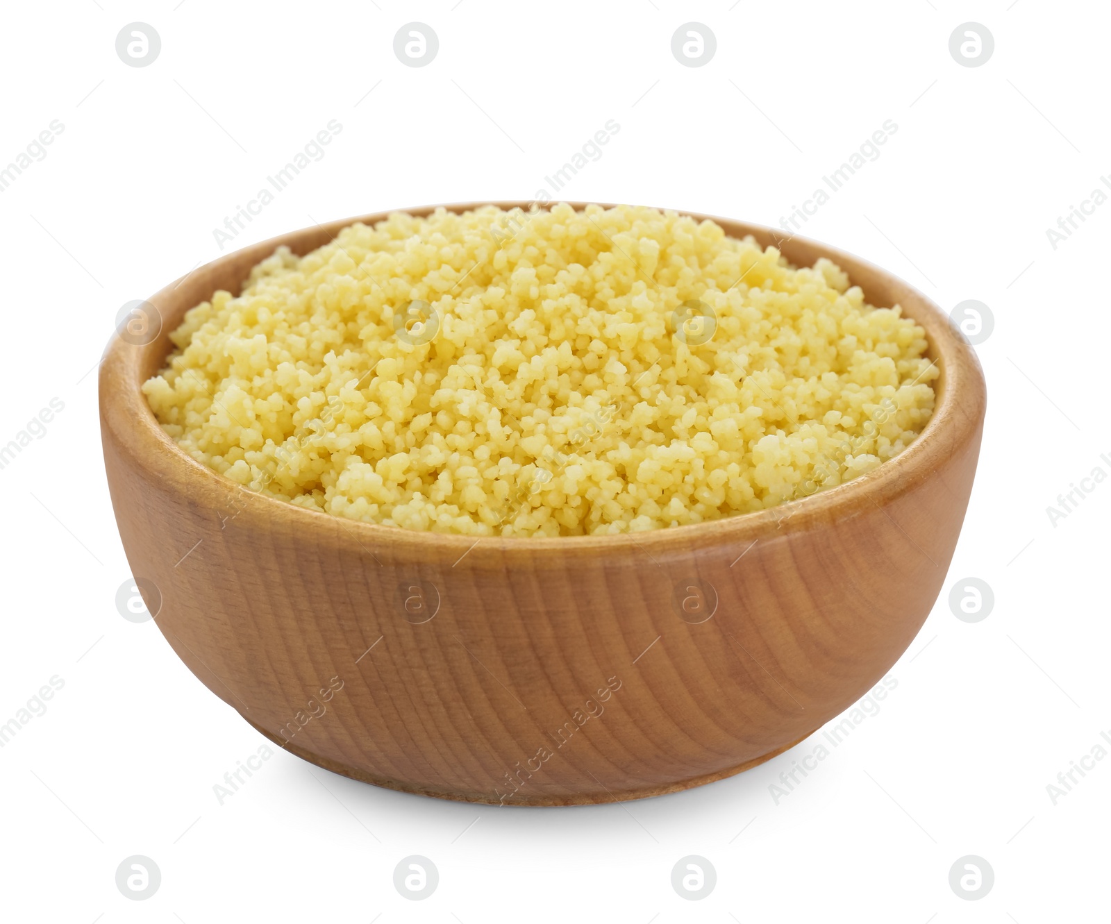 Photo of Bowl of tasty couscous on white background