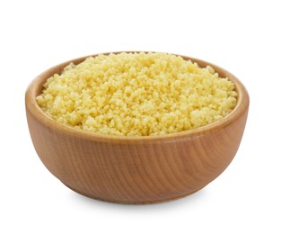 Bowl of tasty couscous on white background