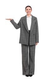 Photo of Beautiful businesswoman in suit pointing at something on white background