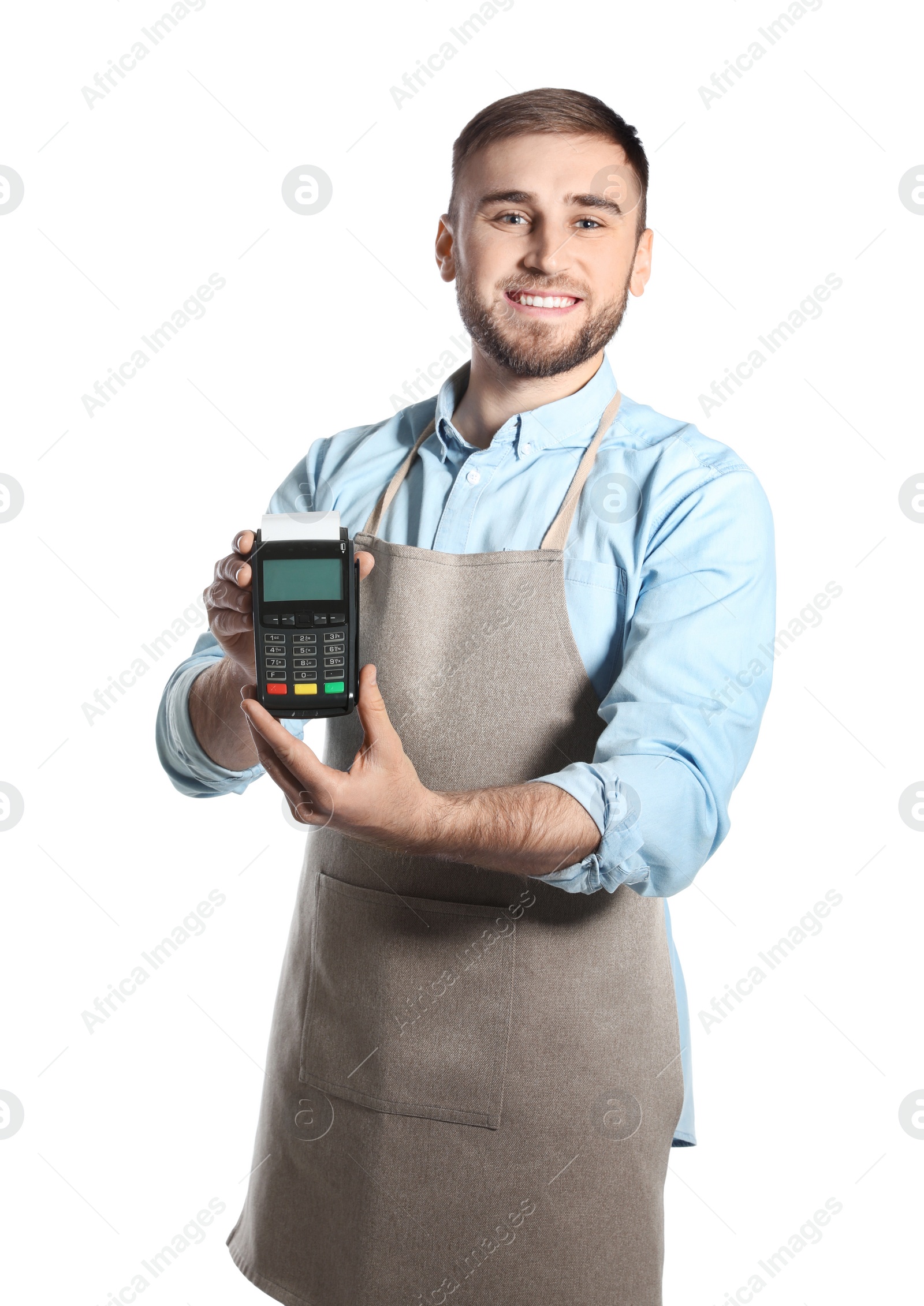 Photo of Young seller holding payment terminal isolated on white