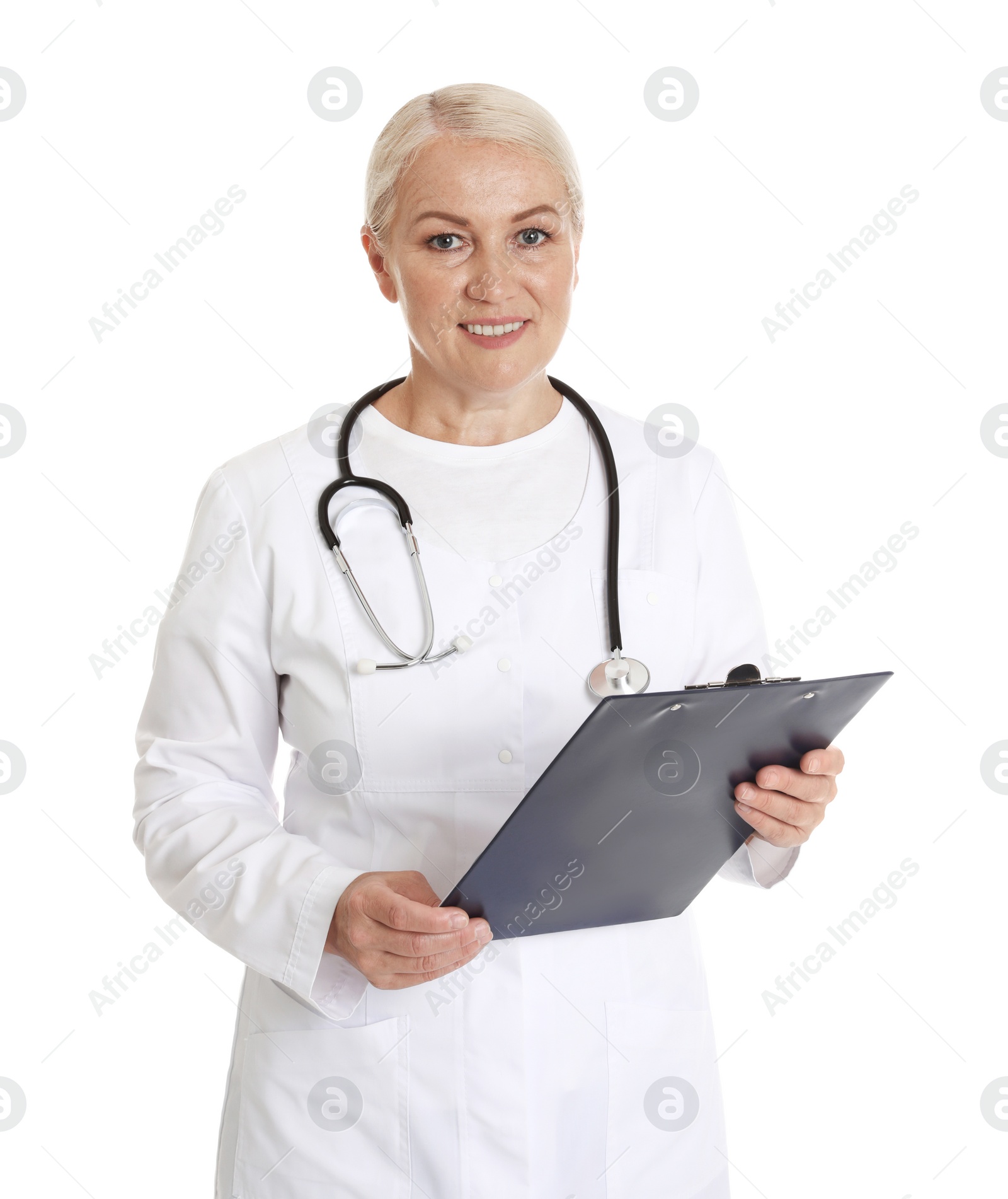 Photo of Portrait of female doctor with clipboard isolated on white. Medical staff