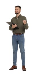 Man in shirt and jeans with clipboard on white background