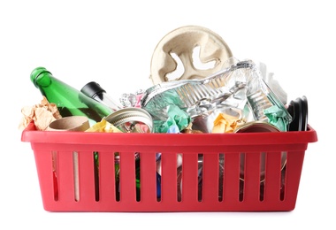 Photo of Crate with different garbage on white background. Trash recycling