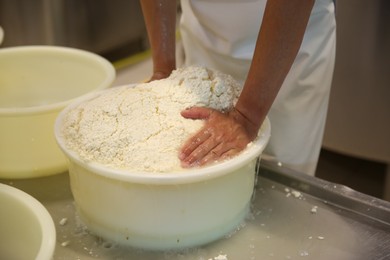 Photo of Worker pressing curd into mould at cheese factory, closeup