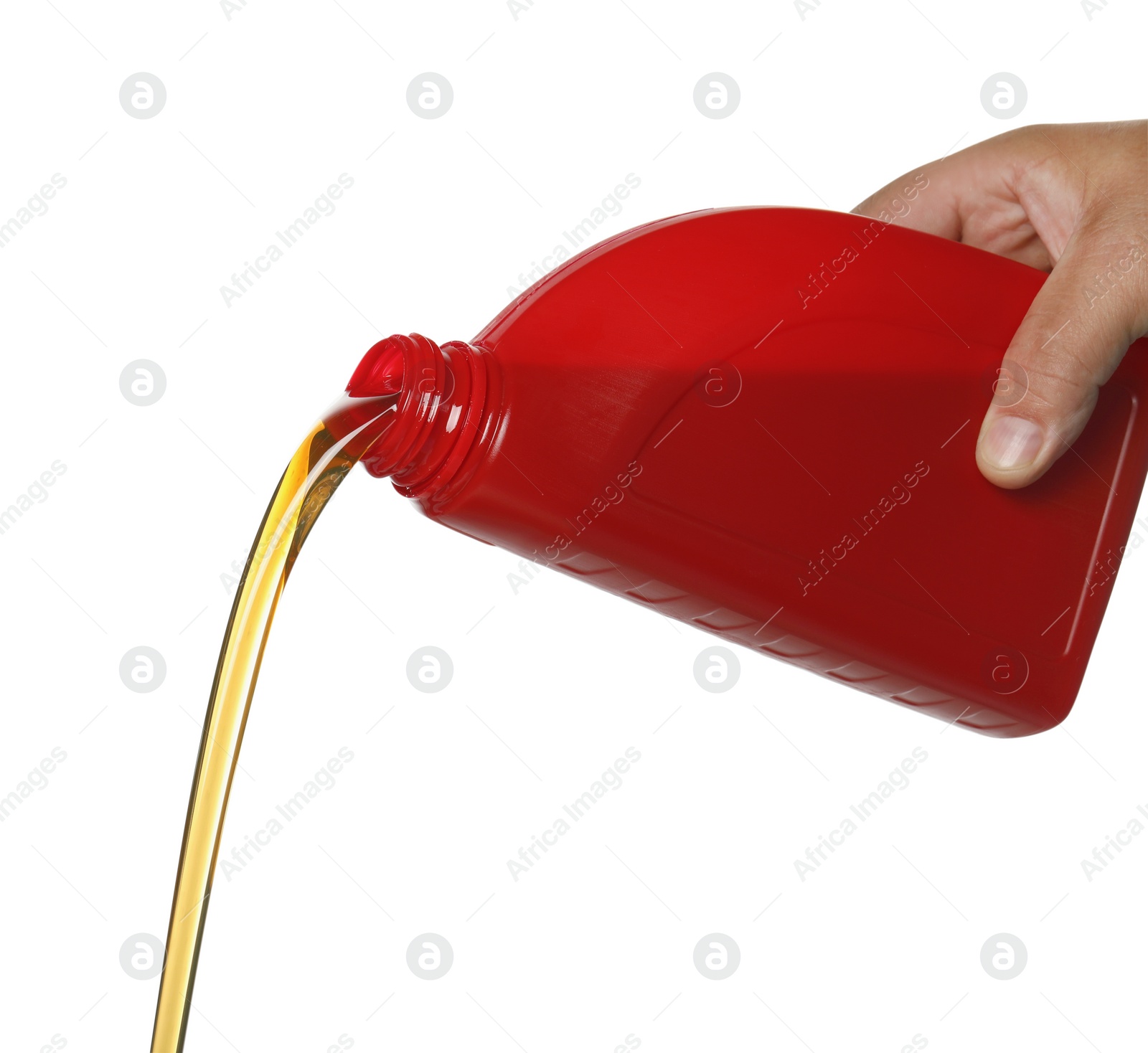Photo of Man pouring motor oil from red container on white background, closeup