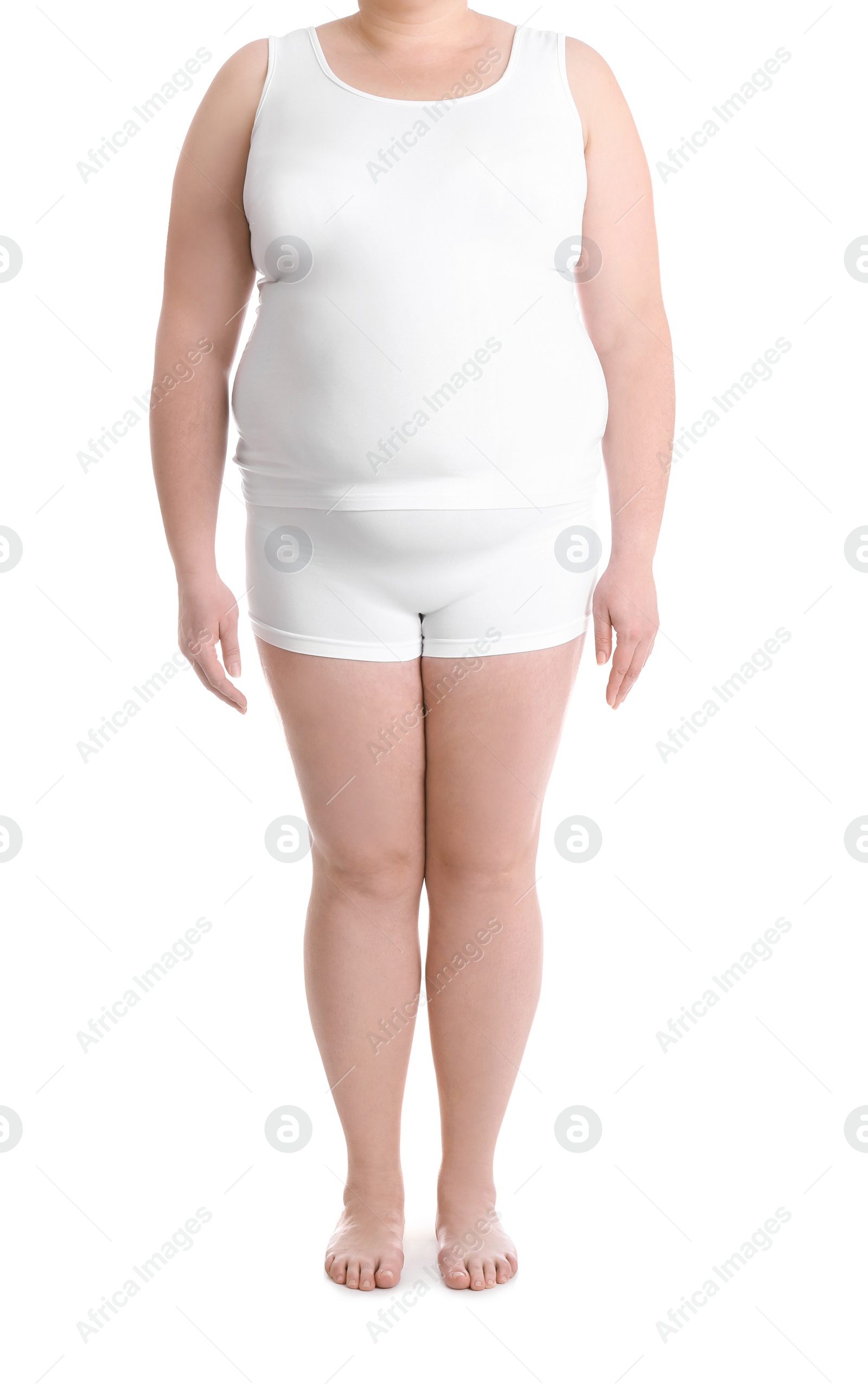 Photo of Overweight woman on white background, closeup. Weight loss