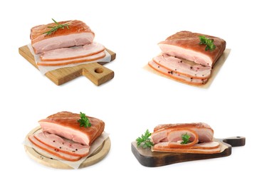 Image of Delicious smoked bacon on white background, collage