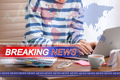 Image of Breaking News. Journalist working with laptop indoors, closeup. Digital world map and graph