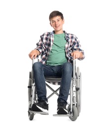 Photo of Teenage boy in wheelchair on white background