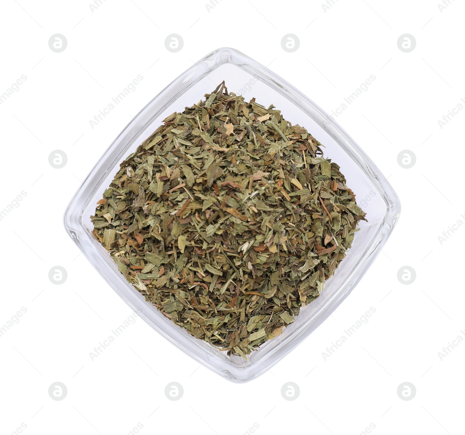 Photo of Bowl of dry tarragon isolated on white, top view
