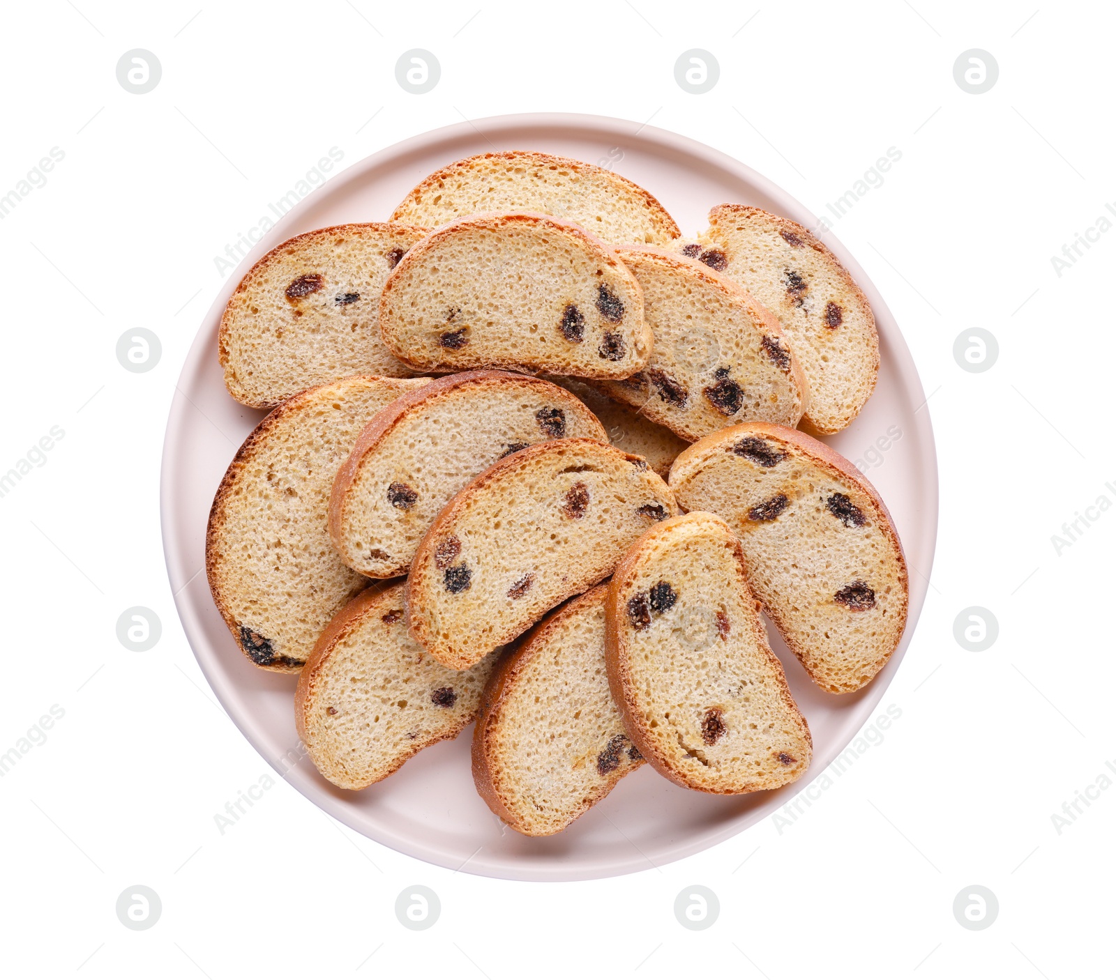 Photo of Plate of sweet hard chuck crackers with raisins on white background, top view