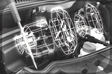 Image of 3D Model of detail and car engine bay on background