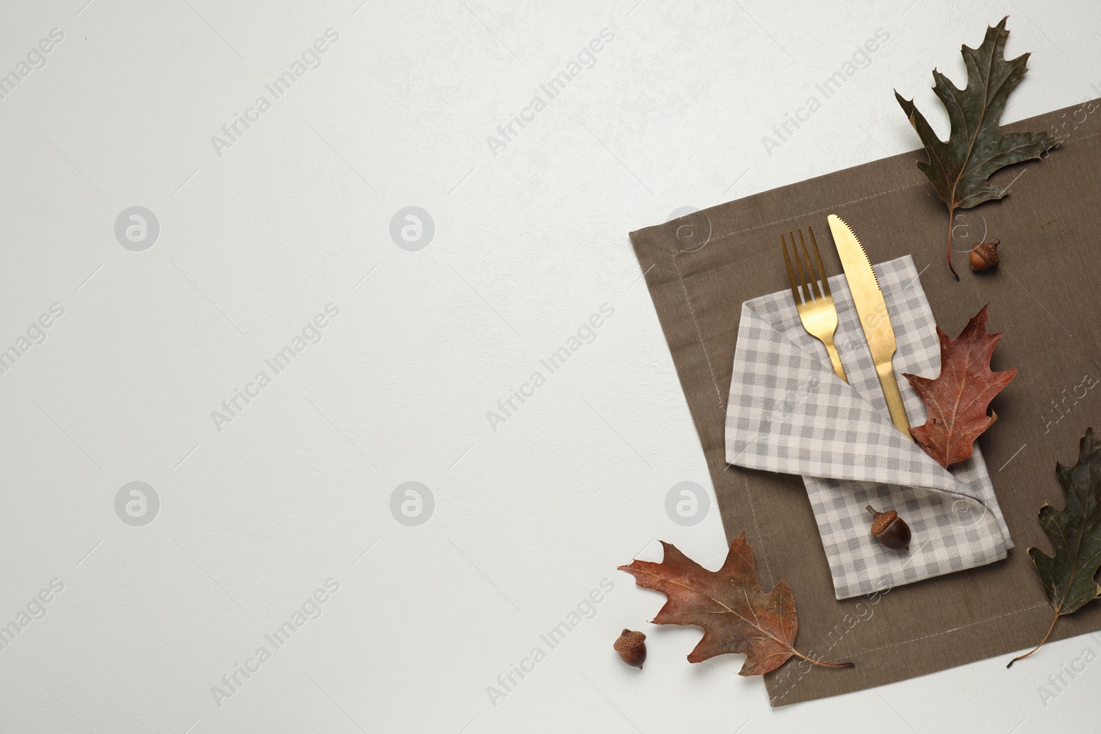 Photo of Cutlery, napkin and dry leaves on white background, flat lay with space for text. Table setting