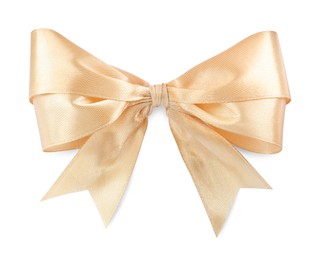 Beautiful golden ribbon tied in bow isolated on white, top view