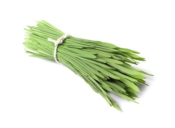 Photo of Bunch of fresh wheat grass sprouts isolated on white